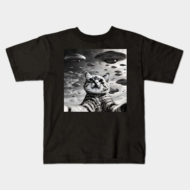 Selfie of Funny Cat And Aliens UFO 2 Kids T-Shirt by Megadorim